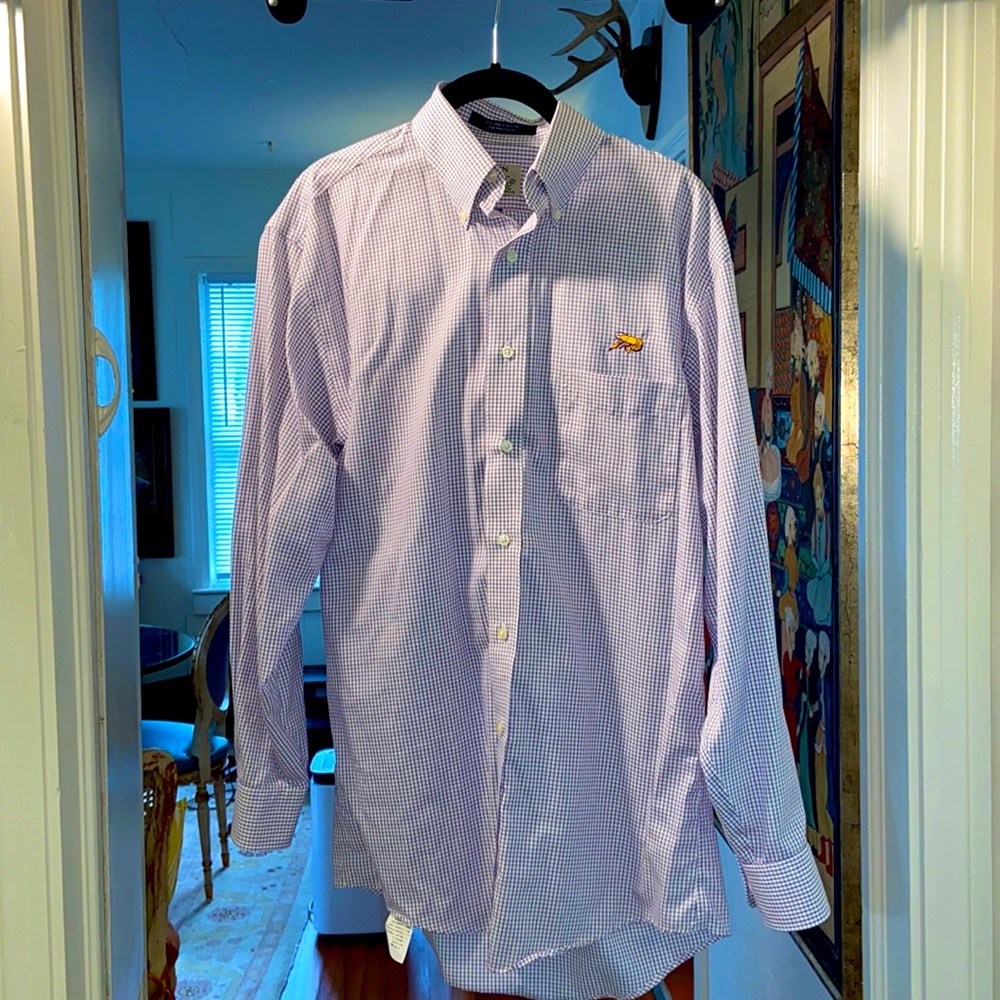 Perils Purple Check Men’s button down with embroidered gold & purple crawfish.